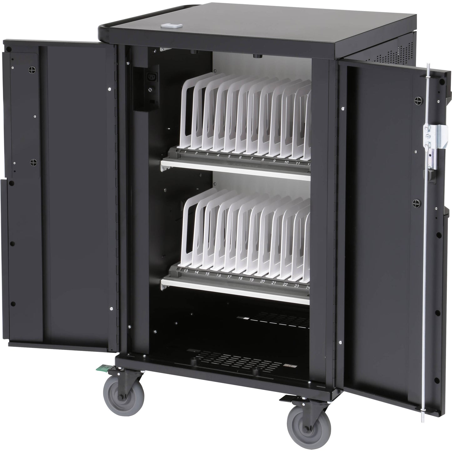 2 shelves, store and charge up to 24 devices, AC Charging