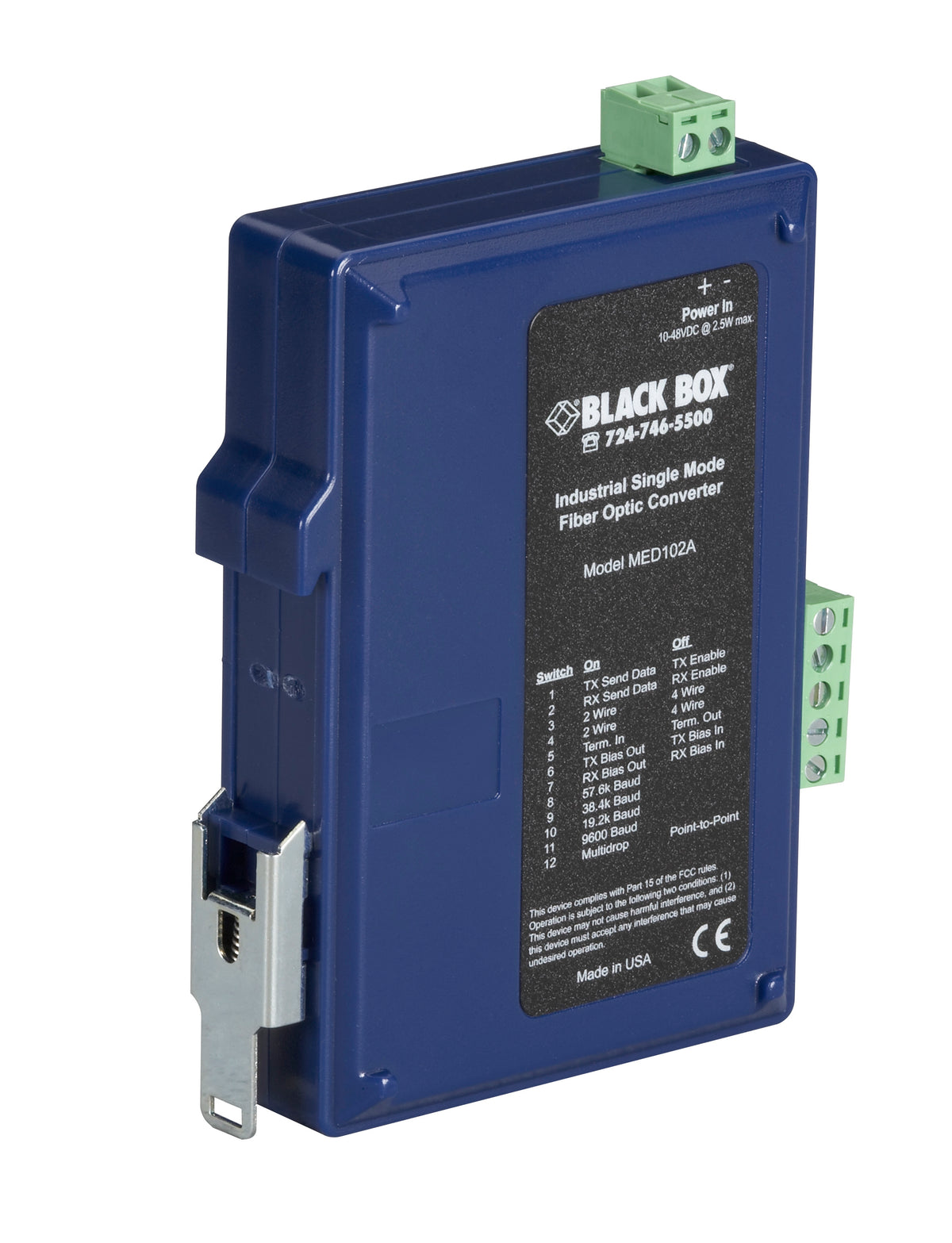 Industrial DIN Rail RS-232/RS-422/RS-485 Fiber Driver, Single-Mode
