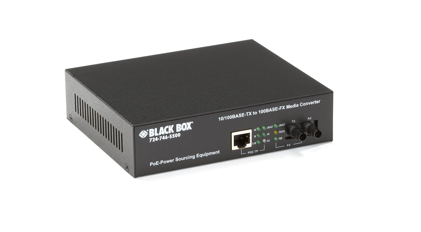 PoE PSE Media Converter, 10BASE-T/100BASE-TX to 100BASE-FX, Multimode, ST, 2 km