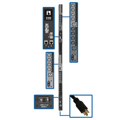 10kW 3-Phase Switched PDU, LX Interface, 208/240V Outlets (24 C13/6 C19), LCD, N