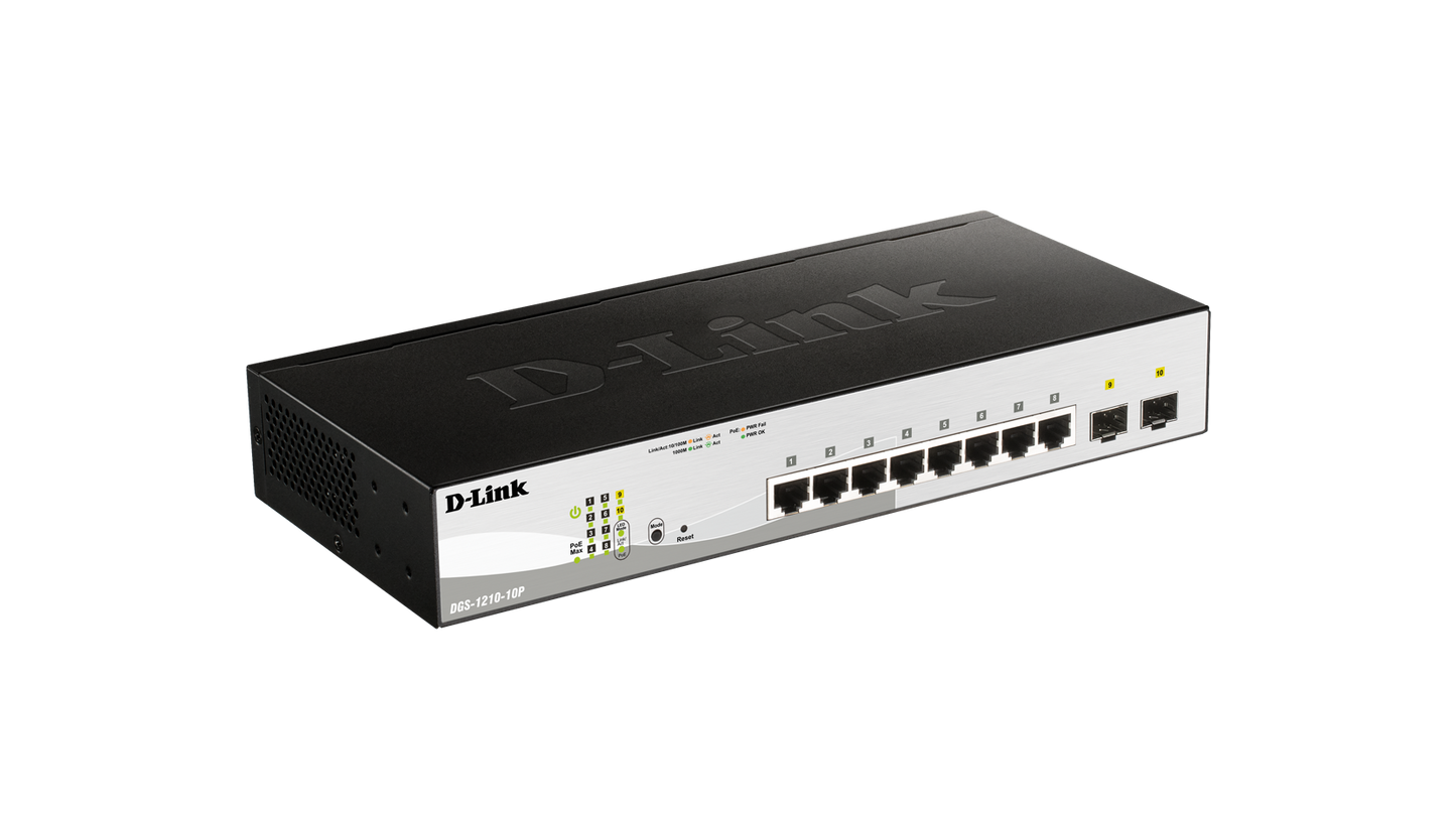 D-Link DGS-1210-10 Supports eight (8) Gigabit copper ports and two (2) Gigabit S