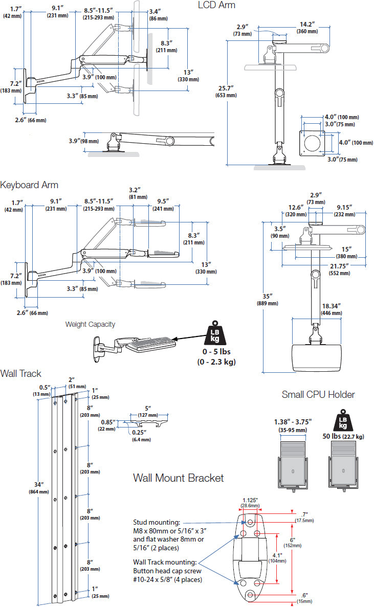 LX Wall Mount System with Small CPU Holder (polished aluminum arms, black cpu ho