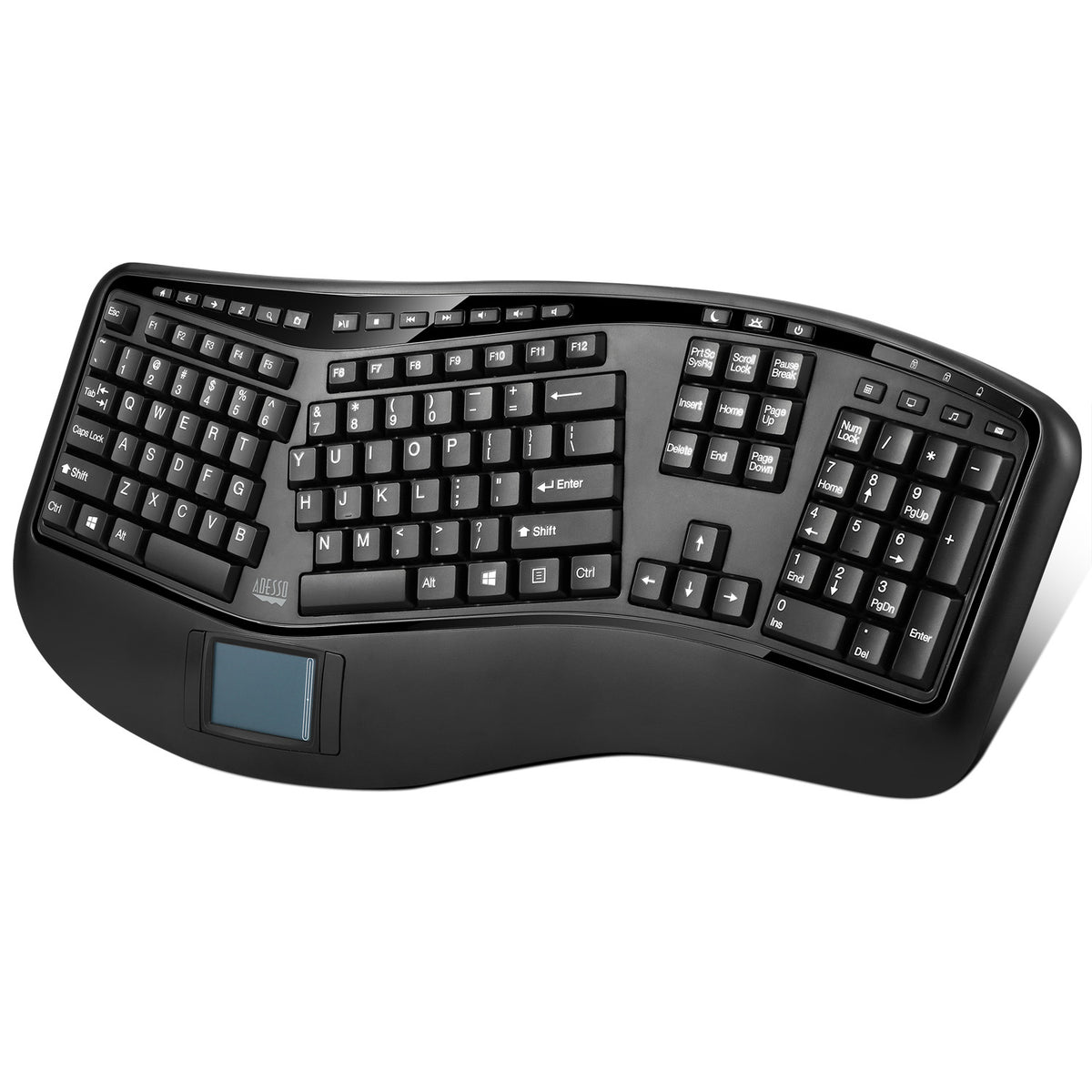 Adesso 2.4GHz Wireless Tru-Form Media 3D Ergonomic Touchpad Keyboard, with sp