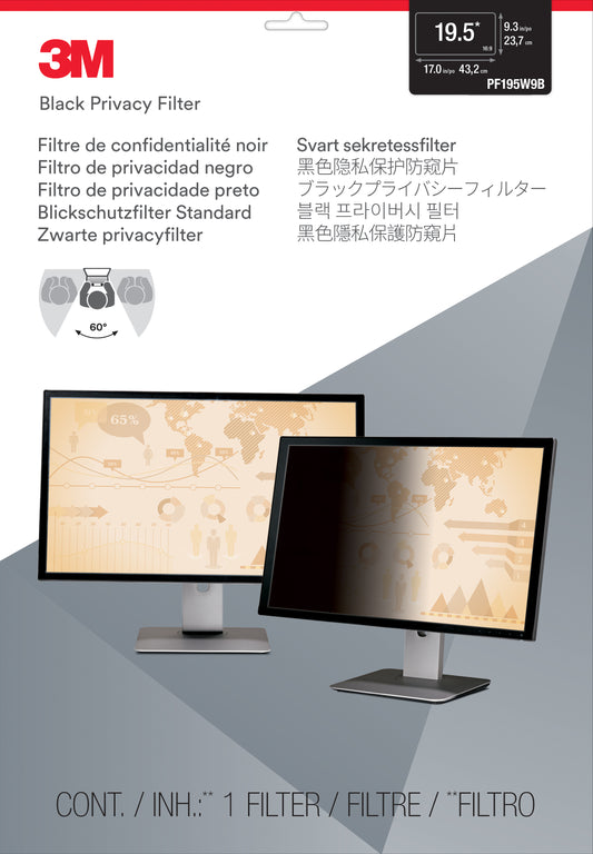 3M Privacy Filter for 19.5in (495 mm) Monitor, 16:9, PF195W9B - 60-Degree viewin