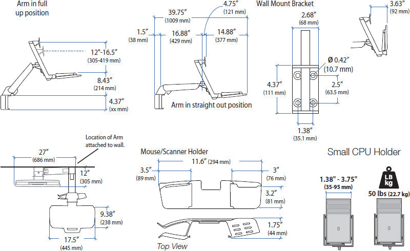ERGOTRON SV COMBO ARM, NO WORKSURFACE, PRE-CONFIGURATION, SMALL CPU HOLDER, BRIG
