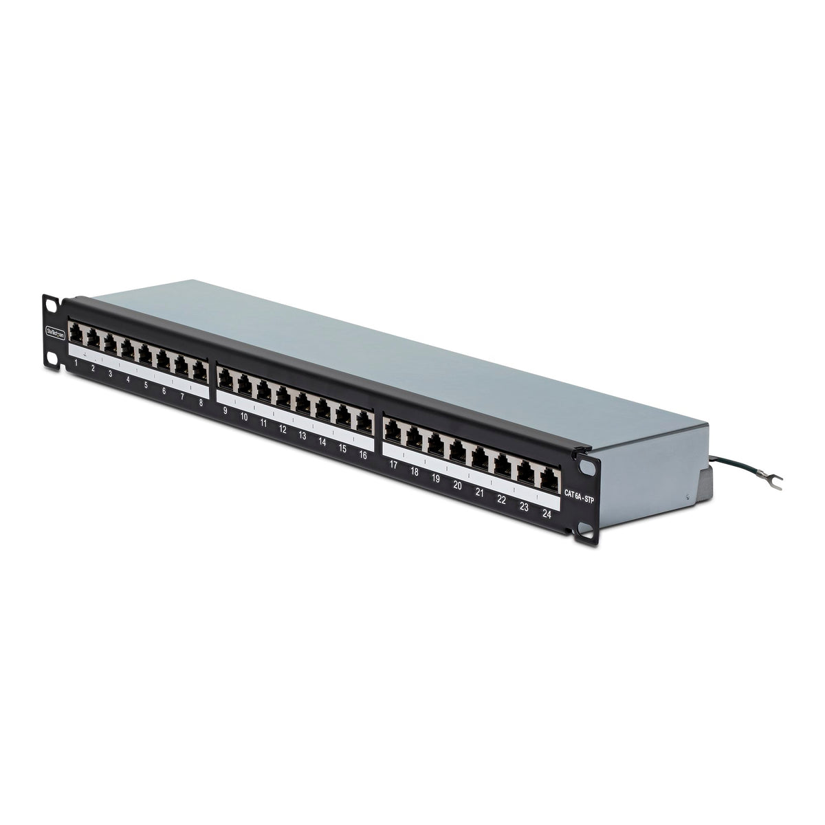 StarTech 24-Port 1U Shielded Cat6A Patch Panel with metal housing cover and grounding wir