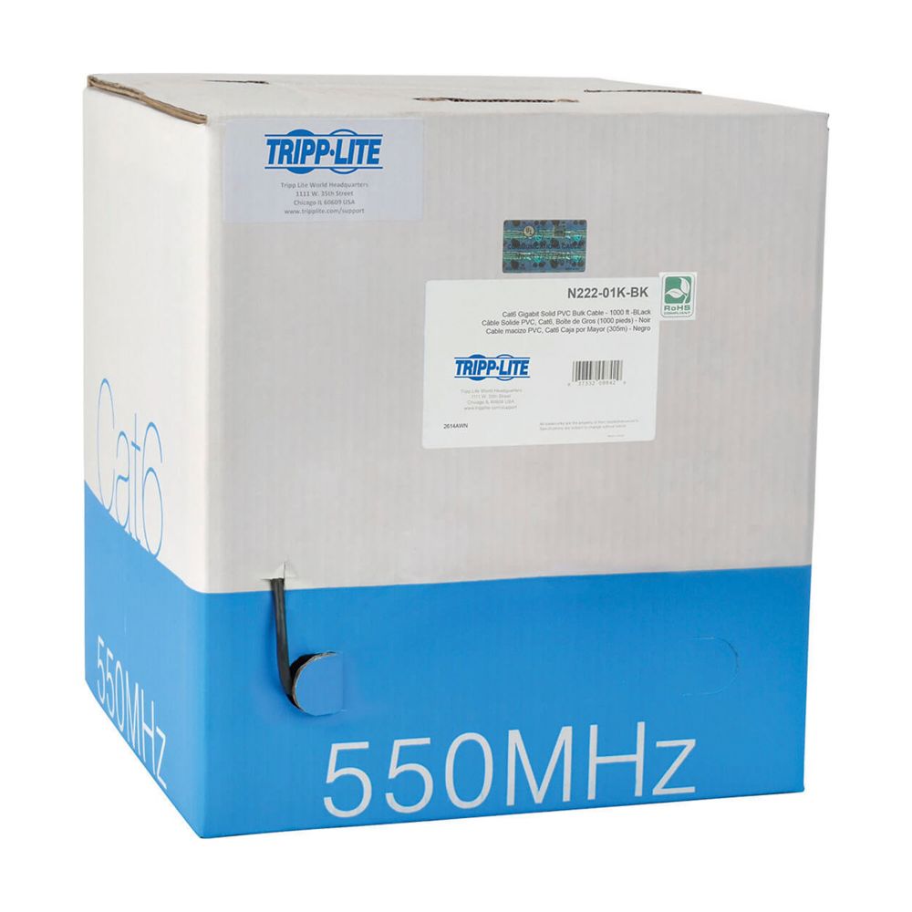 TRIPP Cat6 Gigabit Bulk Solid-Core PVC Cable, Black, 1000 ft., TAA