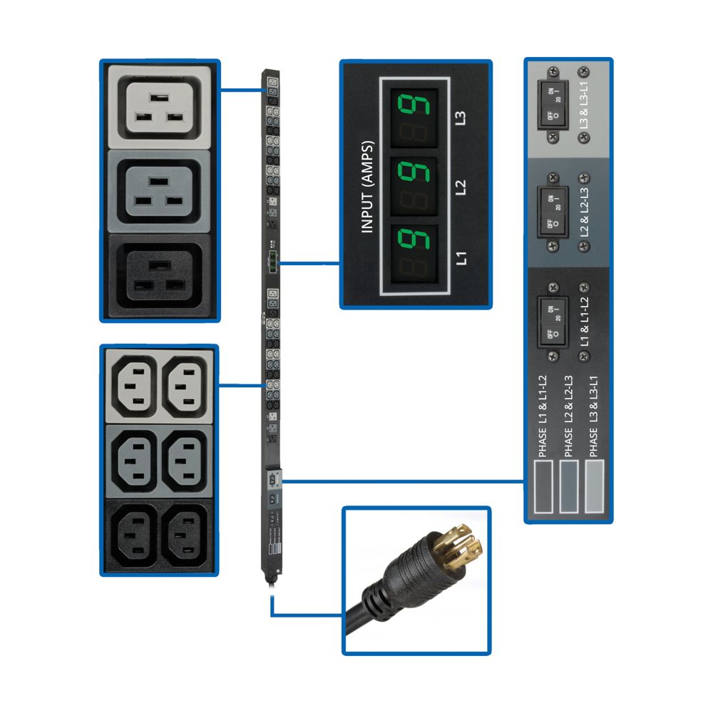 TRIPP PDU3MV6L2130 - Power Distribution Unit - Vertical (0U) - 208V - 8.6KW - (6) 5-15