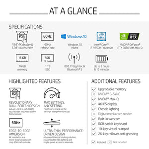 Windows 10 Home,i7-9750H,2.6 GHz,16 GB DDR4(2 x 8 GB),1 TB PCIe NVMe M.2 SSD,15.