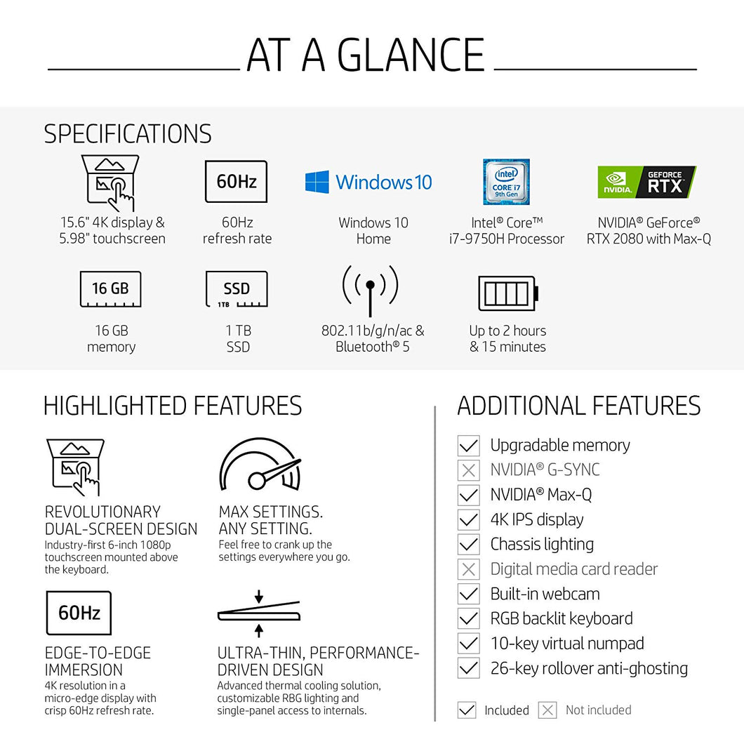 Windows 10 Home,i7-9750H,2.6 GHz,16 GB DDR4(2 x 8 GB),1 TB PCIe NVMe M.2 SSD,15.