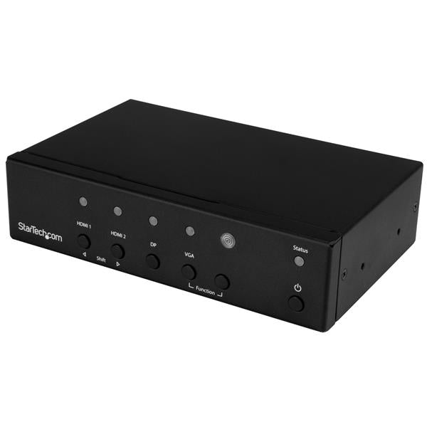 Switch between DisplayPort, VGA or two HDMI source devices on one display, with