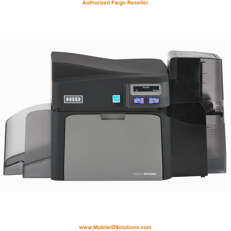 HID FARGO, DTC4250E SINGLE SIDED PRINTER WITH USB AND EITHERNET INTERNAL PRINT SERVER, INPUT AND OUTPUT HOPPER ON THE SAME SIDE. 3 YR WARRANTY.