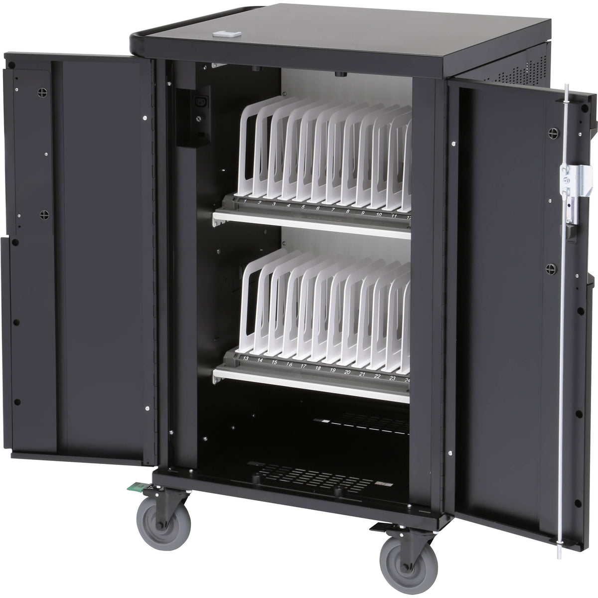2 shelves, store and charge up to 24 devices, AC Charging