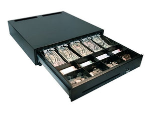 MMF, CASH DRAWER, VAL-U LINE, 18X18, PRINTER DRIVEN, RJ12-24VDC, 5 BILL / 8 COIN TILL WITH WIRE FORMED BILL WEIGHTS, BLACK