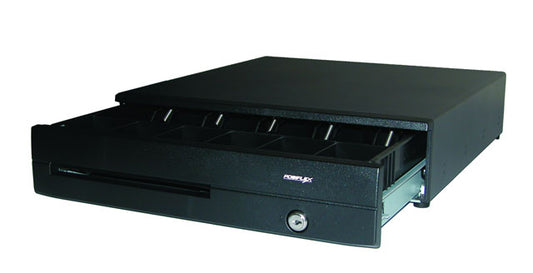 POSIFLEX, CASH DRAWER, CR6300, PRINTER DRIVEN, 16.85IN X 18.11IN X 3.94IN, ANTI-SCRATCH PAINT, BLACK, KEY 8023, CABLE INCLUDED