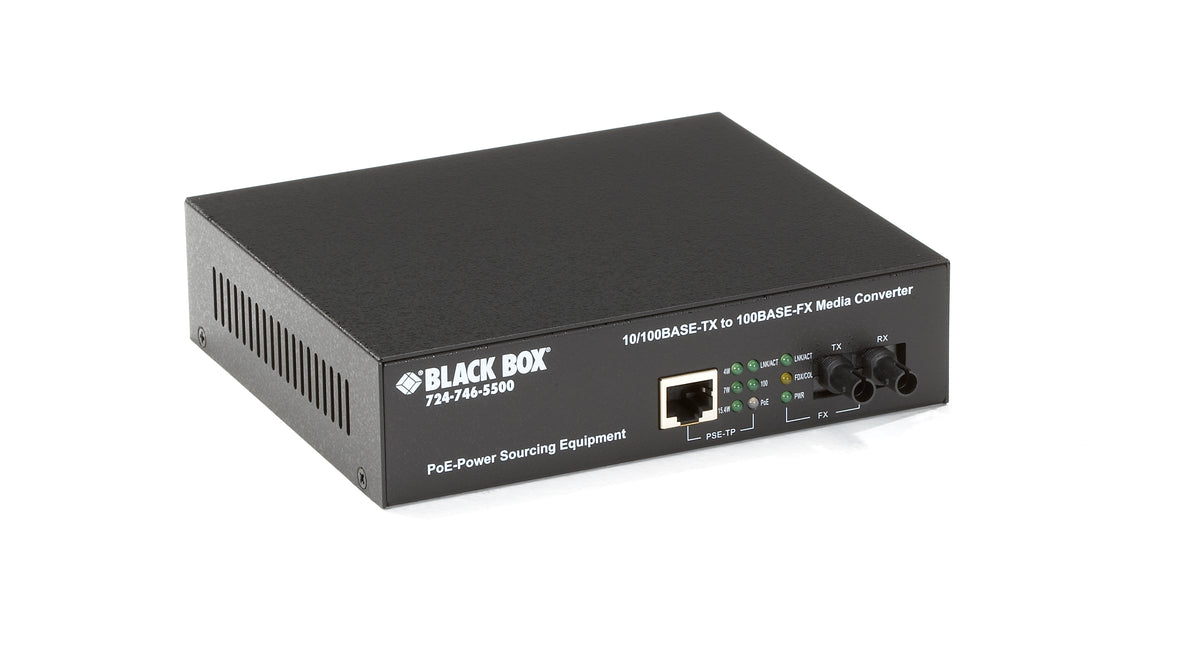 PoE PSE Media Converter, 10BASE-T/100BASE-TX to 100BASE-FX, Multimode, ST, 2 km