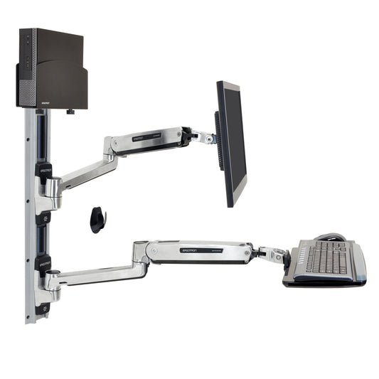 LX Sit-Stand Wall Mount System with Small CPU Holder (polished aluminum, black C