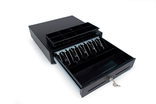 STAR MICRONICS, CASH DRAWER, CD3-1616BKC48-S2, BLACK, 16WX16D, PRINTER DRIVEN, 4BILL-8COIN FOR CANADA, 2 MEDIA SLOTS, CABLE INCLUDED