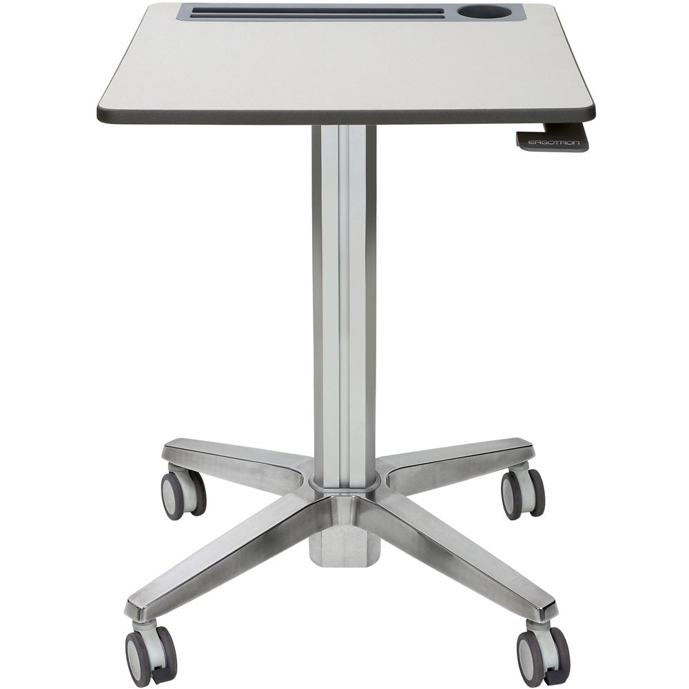 Includes adjustable-height base, worksurface with intergated cupholder, tablet s