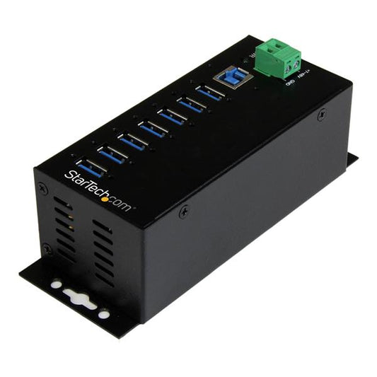 Industrial USB 3.0 hub w/ rugged metal housing. 15kV/8kV ESD protection and 350W