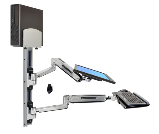 Sit-Stand Wall Mount System - Polished aluminum, silver CPU holder - Extends LCD
