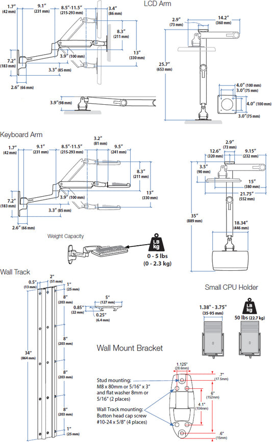 LX Wall Mount System with Small CPU Holder (polished aluminum arms, black cpu ho